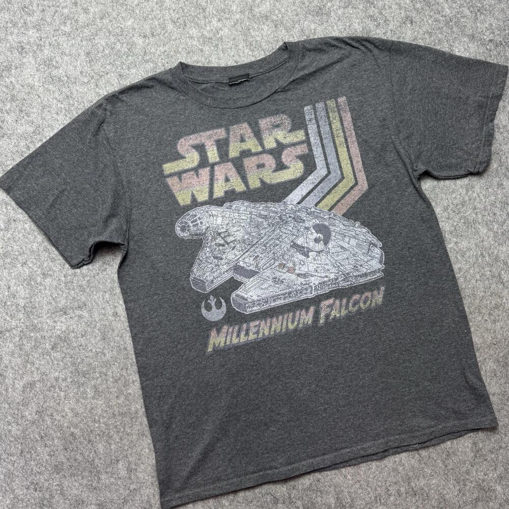 Star Wars Shirt Mens Large Gray Millennium Falcon Graphic Space Tee Movie